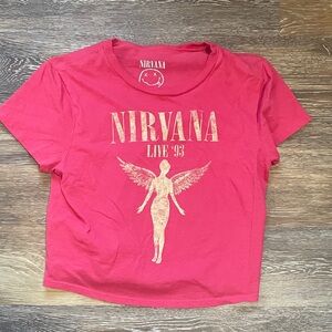 NIRVANA Pink Tee with Gold Angel and 'Live '93' Print